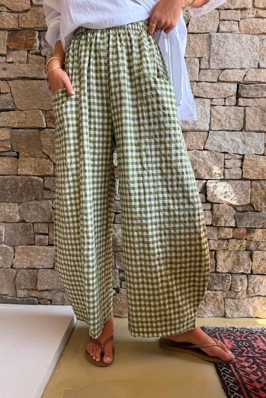 Nonni Gingham Relaxed Barrel Pant Olive